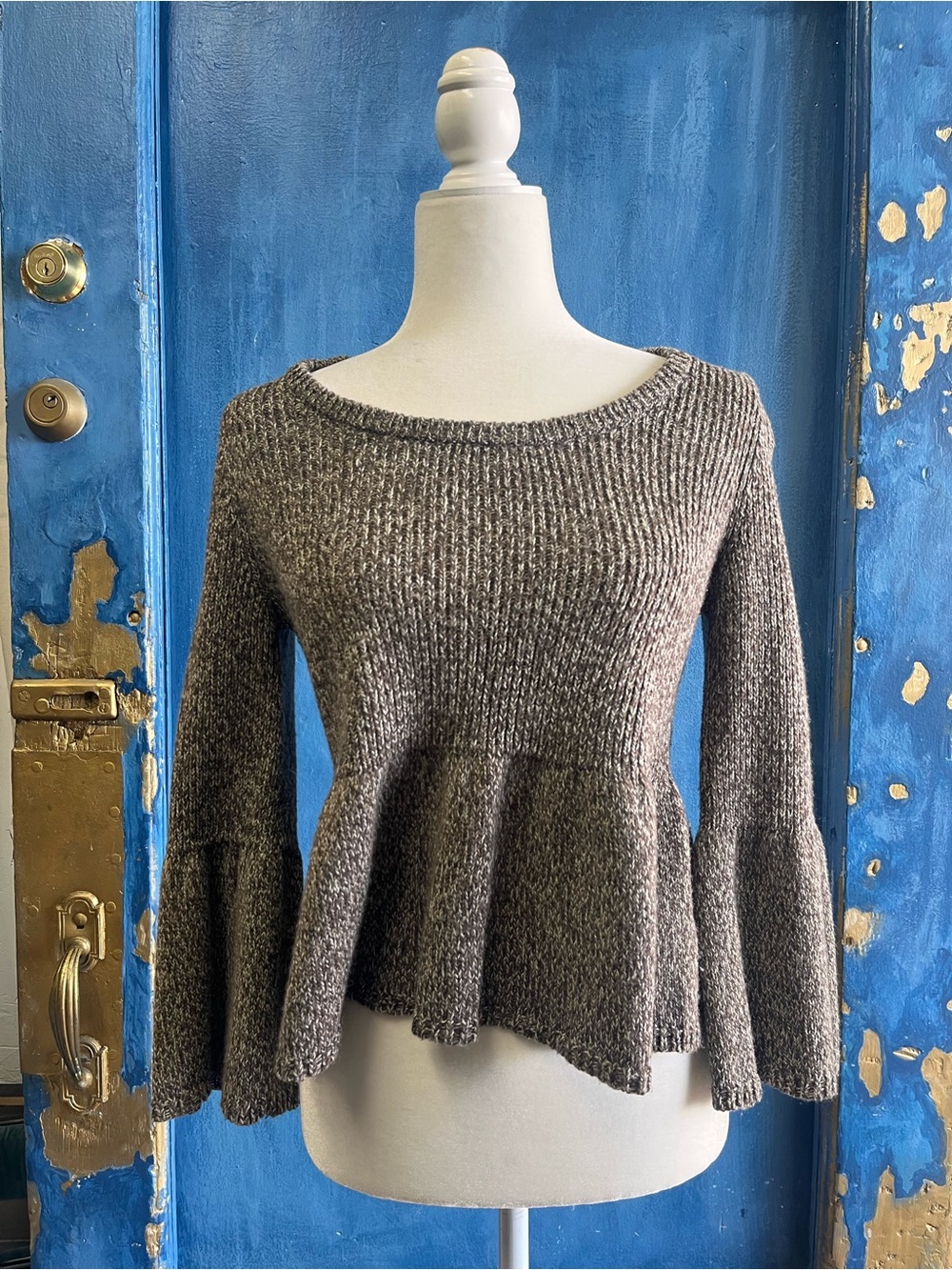 Express Gray Bell-Sleeve Peplum Sweater